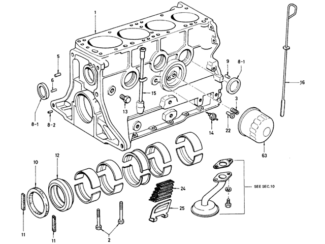 Datsun 510 Parts illustration no. 002-2 Cylinder Block (Rear Side View)