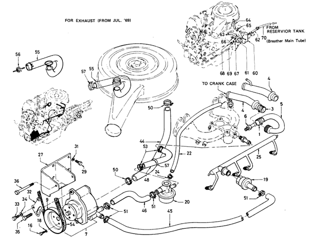 Datsun 510 Parts illustration no. 004-2 Emission Control Devices (From Jul.-'69)