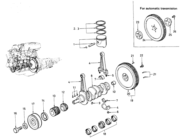 Datsun 510 Parts illustration no. 005-1 Piston & Crankshaft
