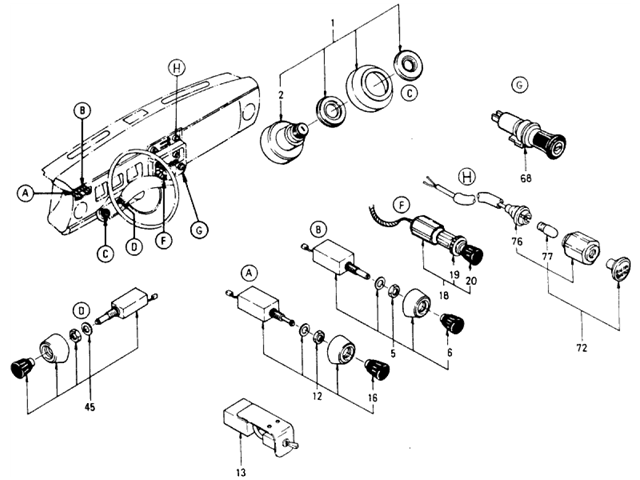 Datsun 510 Parts illustration no. 027-2 Switches (from Oct.-'69)
