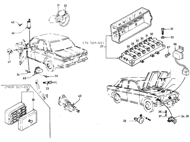 Datsun 510 Parts illustration no. 027-3 Switches & Block Fuse