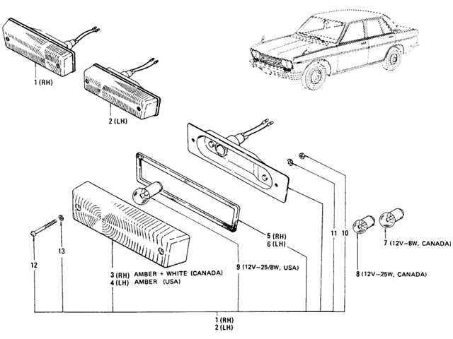 Datsun 510 Parts illustration no. 035-1 Parking & Turn Signal Lamp (To Sep.-'69)