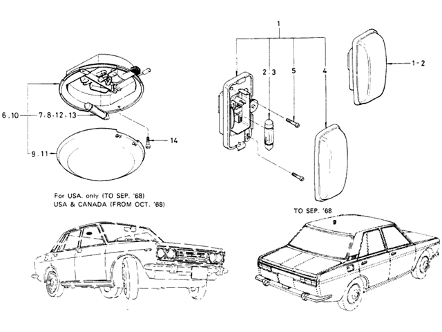 Datsun 510 Parts illustration no. 039-1 Room & Inspection Lamp