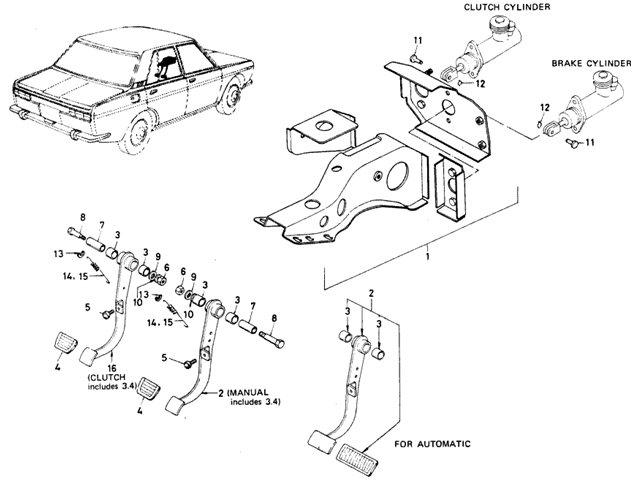 Datsun 510 Parts illustration no. 070-1 Brake & Clutch Pedal