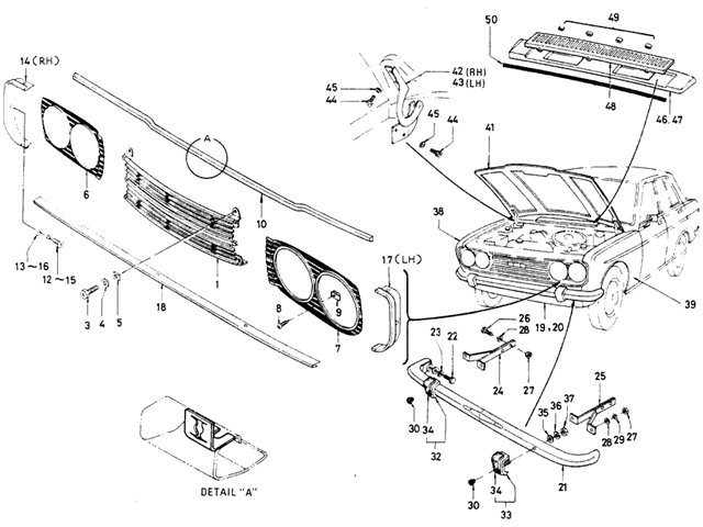 Datsun 510 Parts illustration no. 077-1 Front Outside (Sedan, To Sep.-'68)