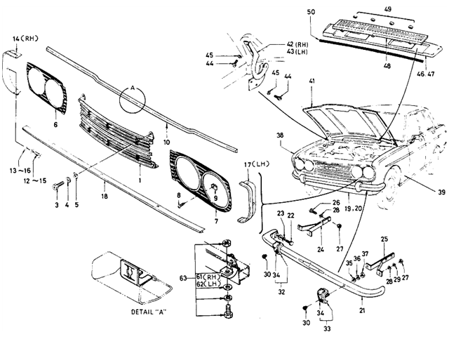 Datsun 510 Parts illustration no. 077-2 Front Outside (Sedan,  From Oct.-'68)