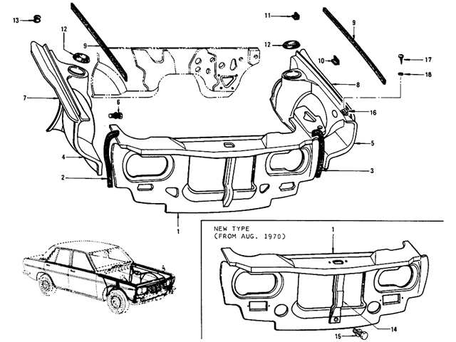 Datsun 510 Parts illustration no. 078-1 Front Inside (Sedan)