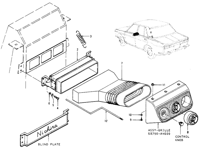 Datsun 510 Parts illustration no. 081C-1 Center Forced Ventilator (Sedan) (From Oct.-'69)