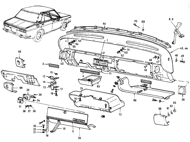 Datsun 510 Parts illustration no. 082-1 Instrument Panel (Sedan) (To Sep.-'69)