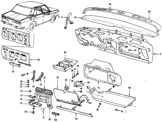 Datsun 510 Parts illustration no. 082-2 Instrument Panel (Sedan) (From Oct.-'69)