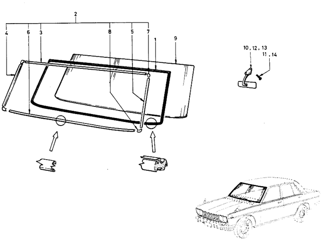 Datsun 510 Parts illustration no. 083-1 Front Windshield Glass (Sedan)