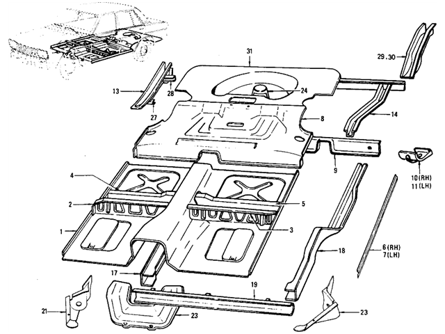 Datsun 510 Parts illustration no. 085-1 Floor Panel & Fitting (Sedan)