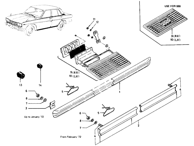 Datsun 510 Parts illustration no. 088-1 Body Side Fitting (Sedan)