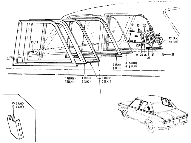 Datsun 510 Parts illustration no. 089B-1 Rear Side Window (Sedan-2-Door)