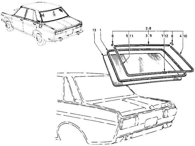 Datsun 510 Parts illustration no. 091-1 Rear Window Glass (Sedan)