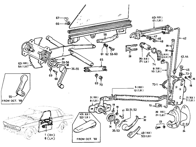 Datsun 510 Parts illustration no. 093-1 Front Door Lock & Regulator (Sedan)