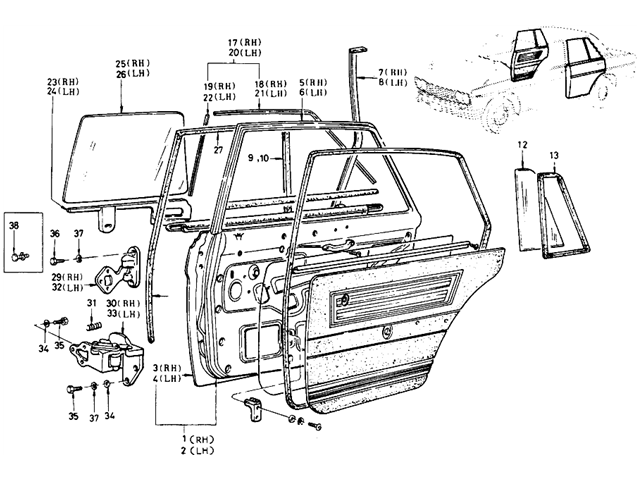 Datsun 510 Parts illustration no. 095-1 Rear Door (Sedan 4-Door)