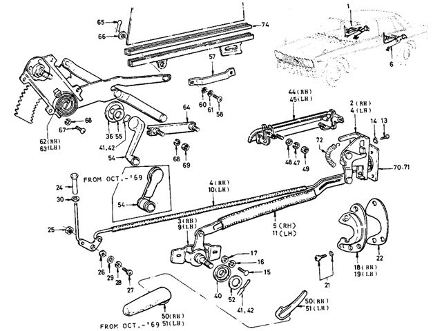 Datsun 510 Parts illustration no. 096-1 Rear Door Lock & Regulator (Sedan)