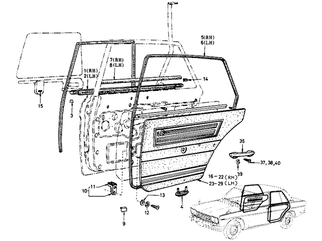 Datsun 510 Parts illustration no. 097-1 Rear Door Trimming (Sedan)