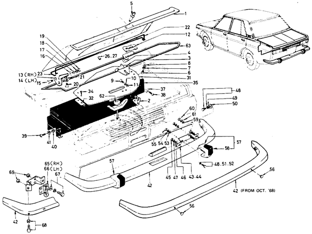 Datsun 510 Parts illustration no. 098-1 Trunk Lid & Bumper (Sedan)
