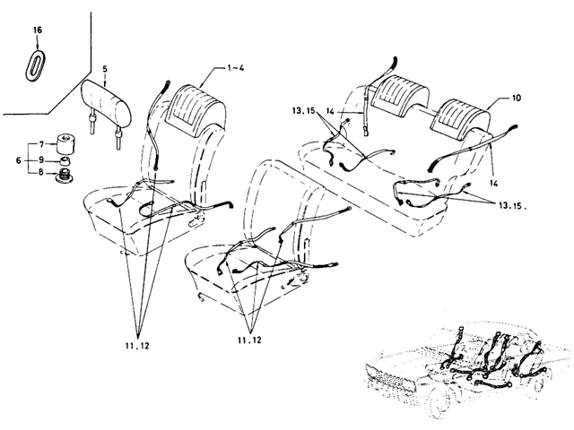 Datsun 510 Parts illustration no. 102-1 Safety Belt & Head Rest (Sedan)