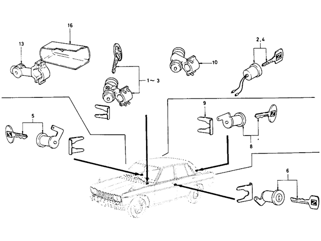 Datsun 510 Parts illustration no. 104-1 Key & Cylinder (Sedan)