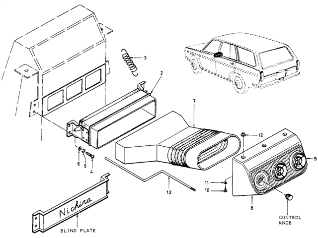 Datsun 510 Parts illustration no. 110C-1 Center Forced Ventilator (Wagon) (From Oct.-'69)