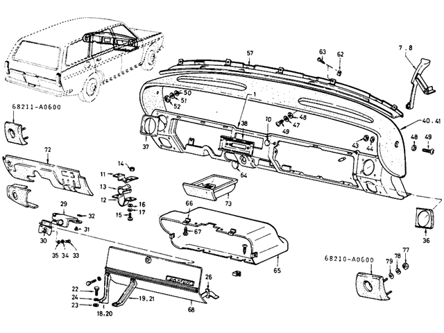 Datsun 510 Parts illustration no. 111-1 Instrument Panel & Trimming (Wagon) (To Sep.-'69)