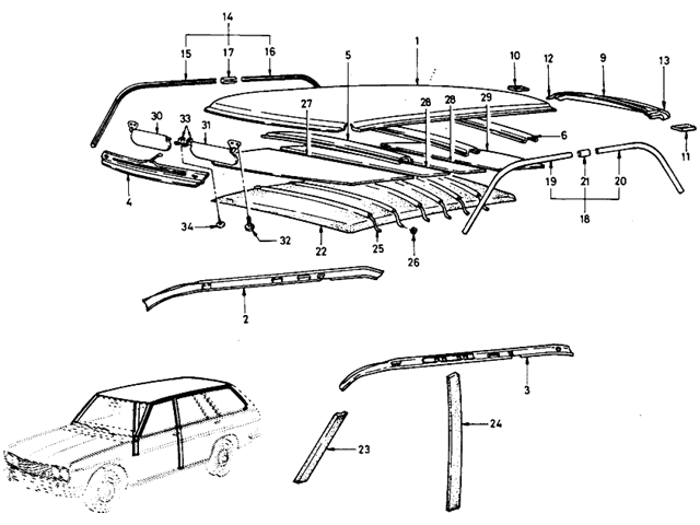 Datsun 510 Parts illustration no. 113-1 Roof Panel & Trimming (Wagon)