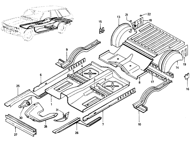 Datsun 510 Parts illustration no. 114-1 Floor Panel & Fitting (Wagon)