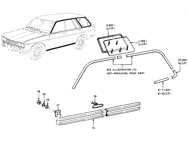 Datsun 510 Parts illustration no. 116A-1 Body Side Fitting (Wagon)