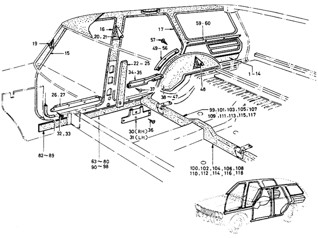 Datsun 510 Parts illustration no. 117-1 Body Side Trimming (Wagon)