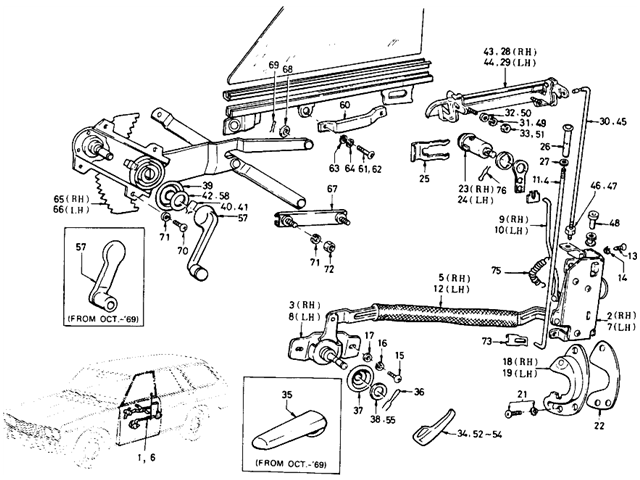 Datsun 510 Parts illustration no. 119-1 Front Door Lock & Regulator (Wagon)