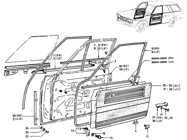 Datsun 510 Parts illustration no. 120-1 Front Door Trimming (Wagon)