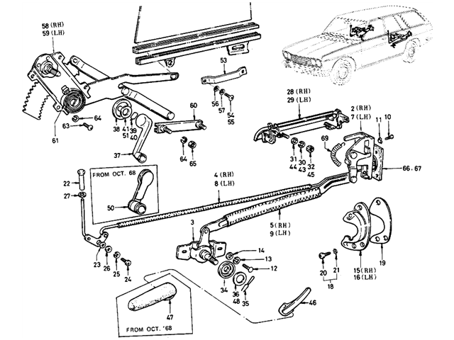 Datsun 510 Parts illustration no. 122-1 Rear Door Lock & Regulator (Wagon)