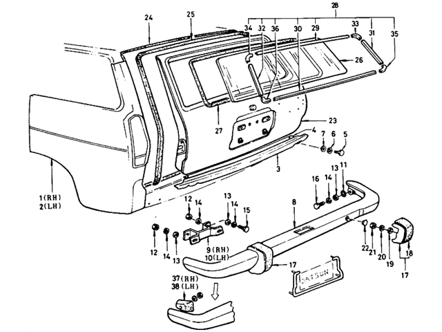 Datsun 510 Parts illustration no. 124-1 Tail Gate & Bumper (Wagon)