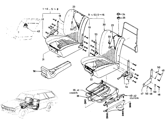 Datsun 510 Parts illustration no. 127-1 Separate Type Front Seat (Wagon)