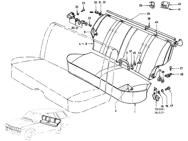 Datsun 510 Parts illustration no. 128-1 Rear Seat (Wagon)