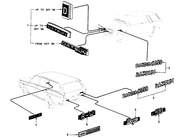 Datsun 510 Parts illustration no. 130-1 Emblem (Wagon)
