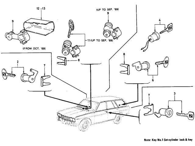 Datsun 510 Parts illustration no. 131-1 Key & Cylinder (Wagon)